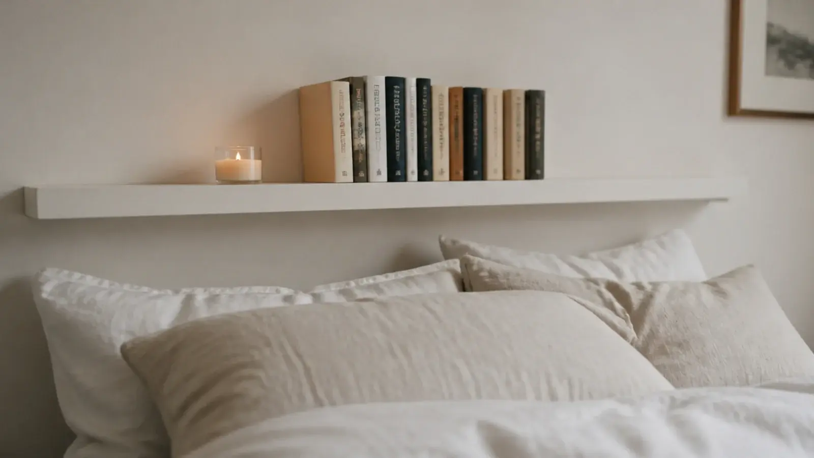 narrow lipped ledge of paperbacks mounted high above a made bed