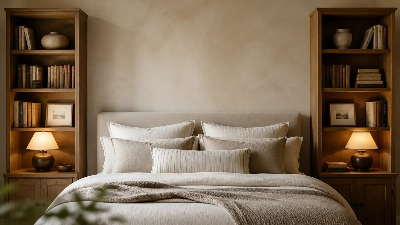 two matching tall bookshelf towers standing either side of a bed