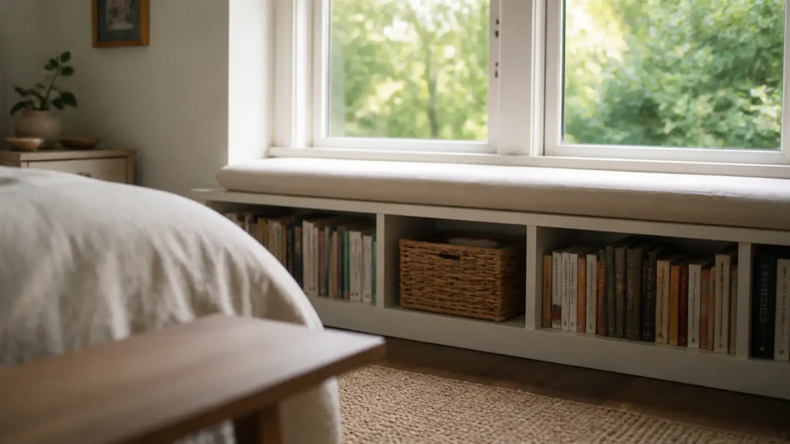 low bookshelf run beneath a bedroom window with a cushion on top
