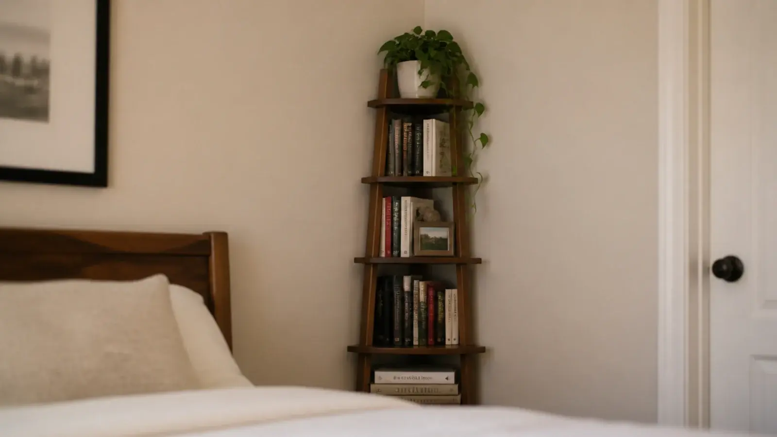 corner bookshelf tower filling the far corner of a small bedroom