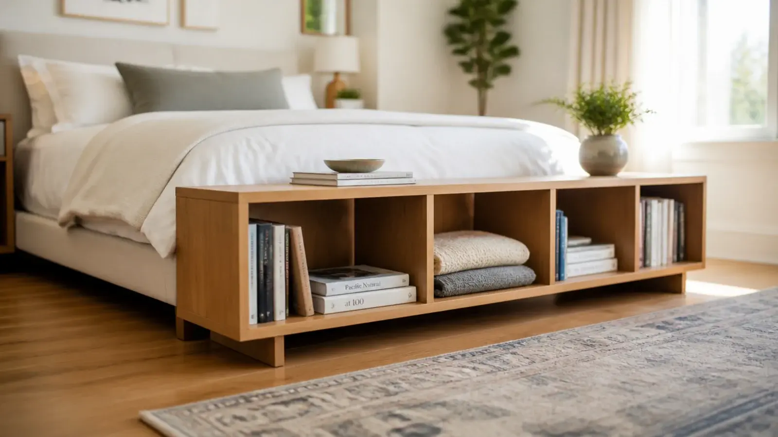 knee height bookshelf run placed across the foot of a made bed