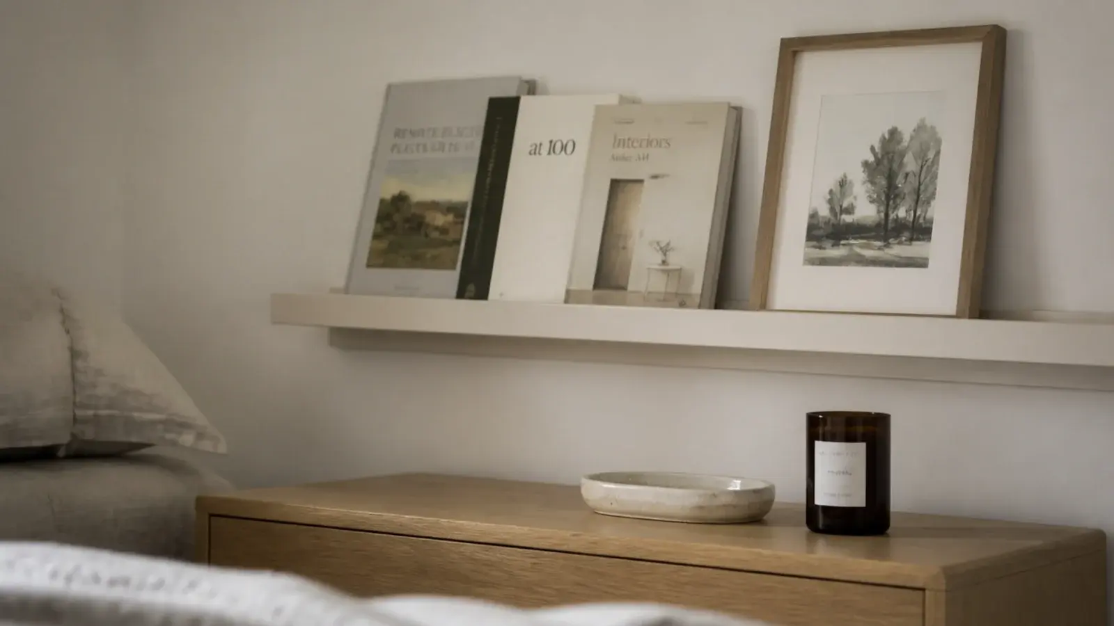 shallow picture ledge above a bedroom dresser holding books and art