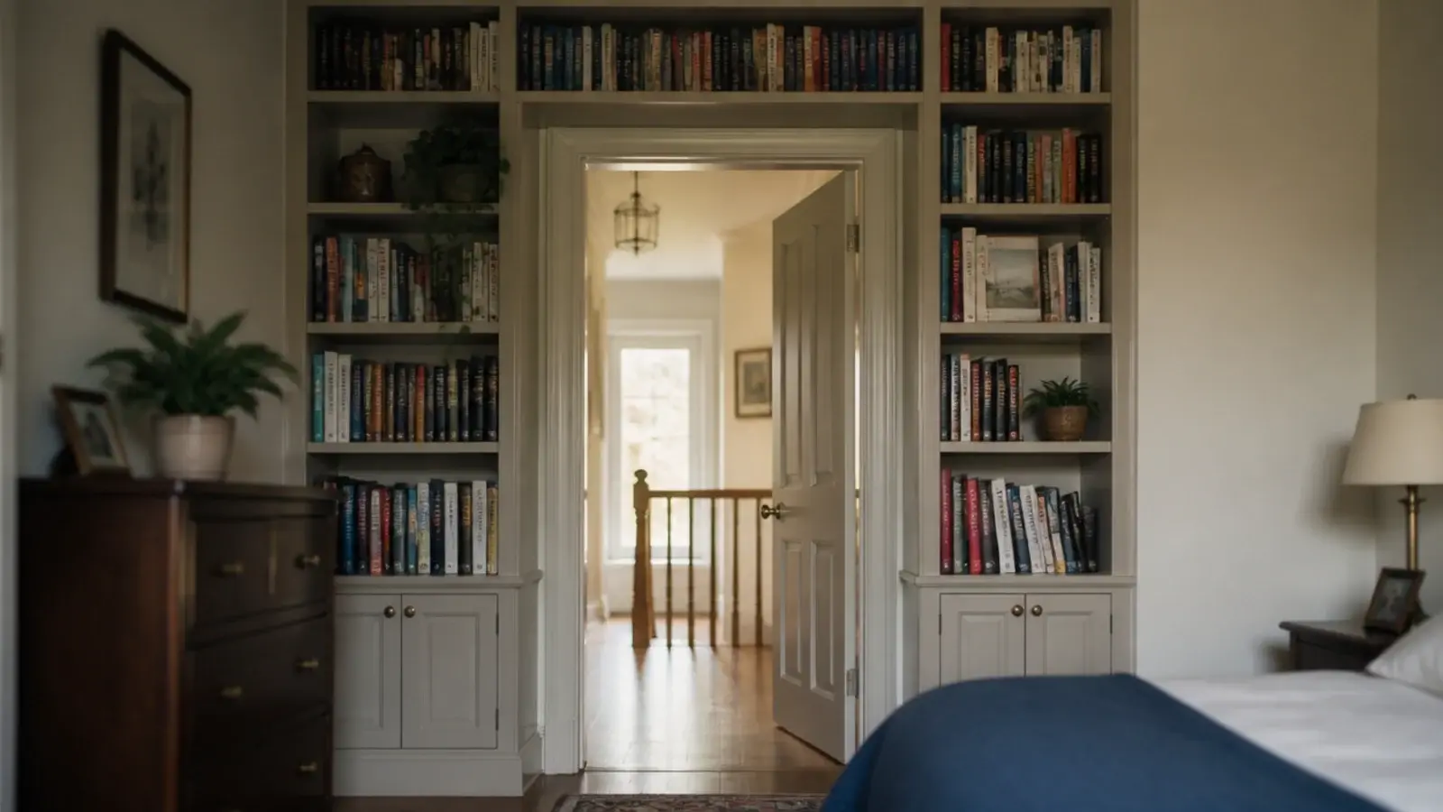 shelves running up both sides of a bedroom door and across the top