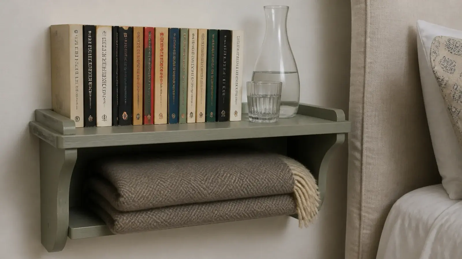 small guest room shelf holding short reads and a folded throw