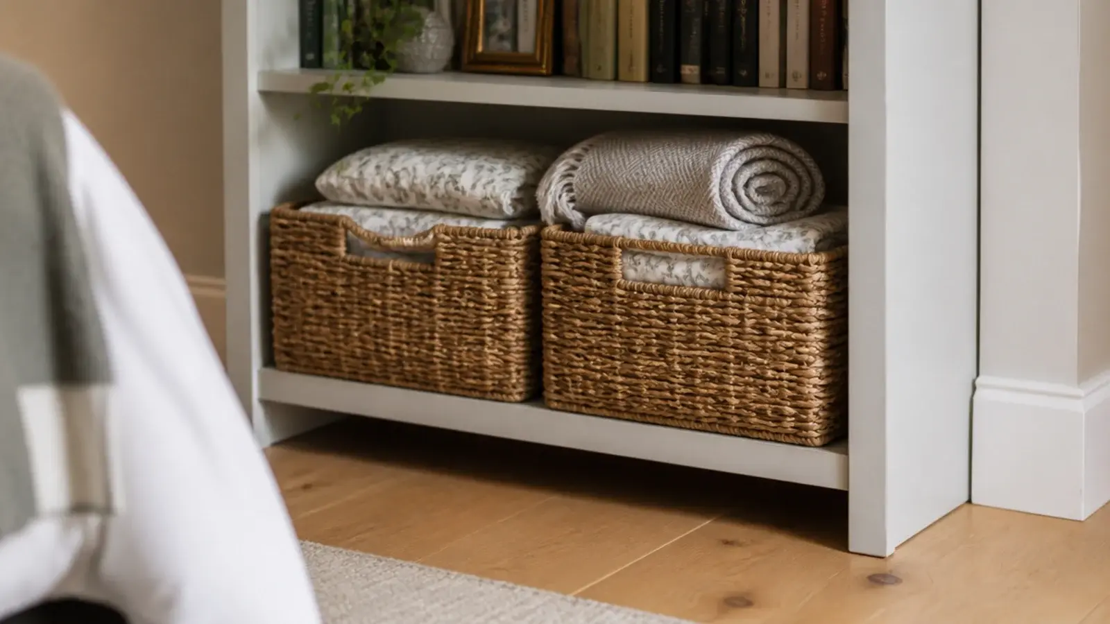 two woven baskets of spare bedding on the lowest bedroom shelf