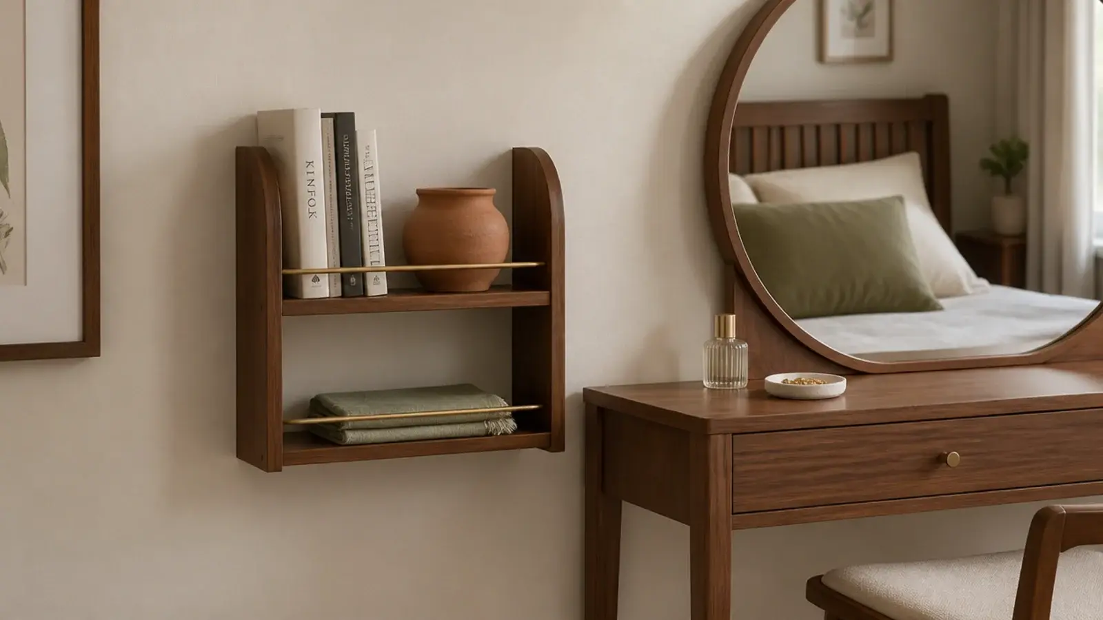 narrow shelf beside a bedroom dressing table holding a few books