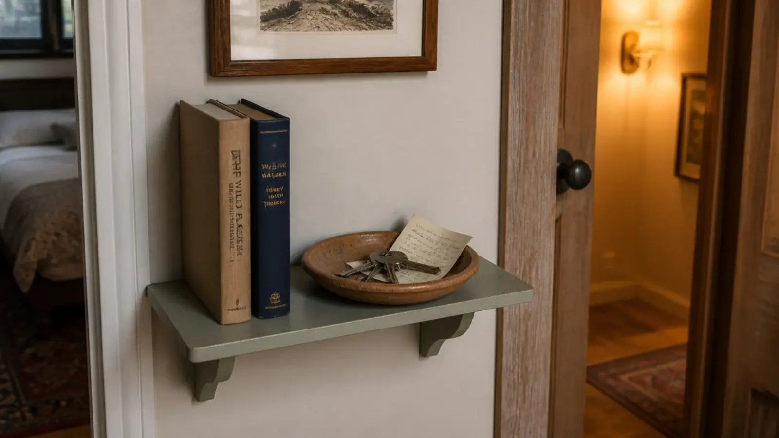 small shelf beside a bedroom door holding keys books and a tray
