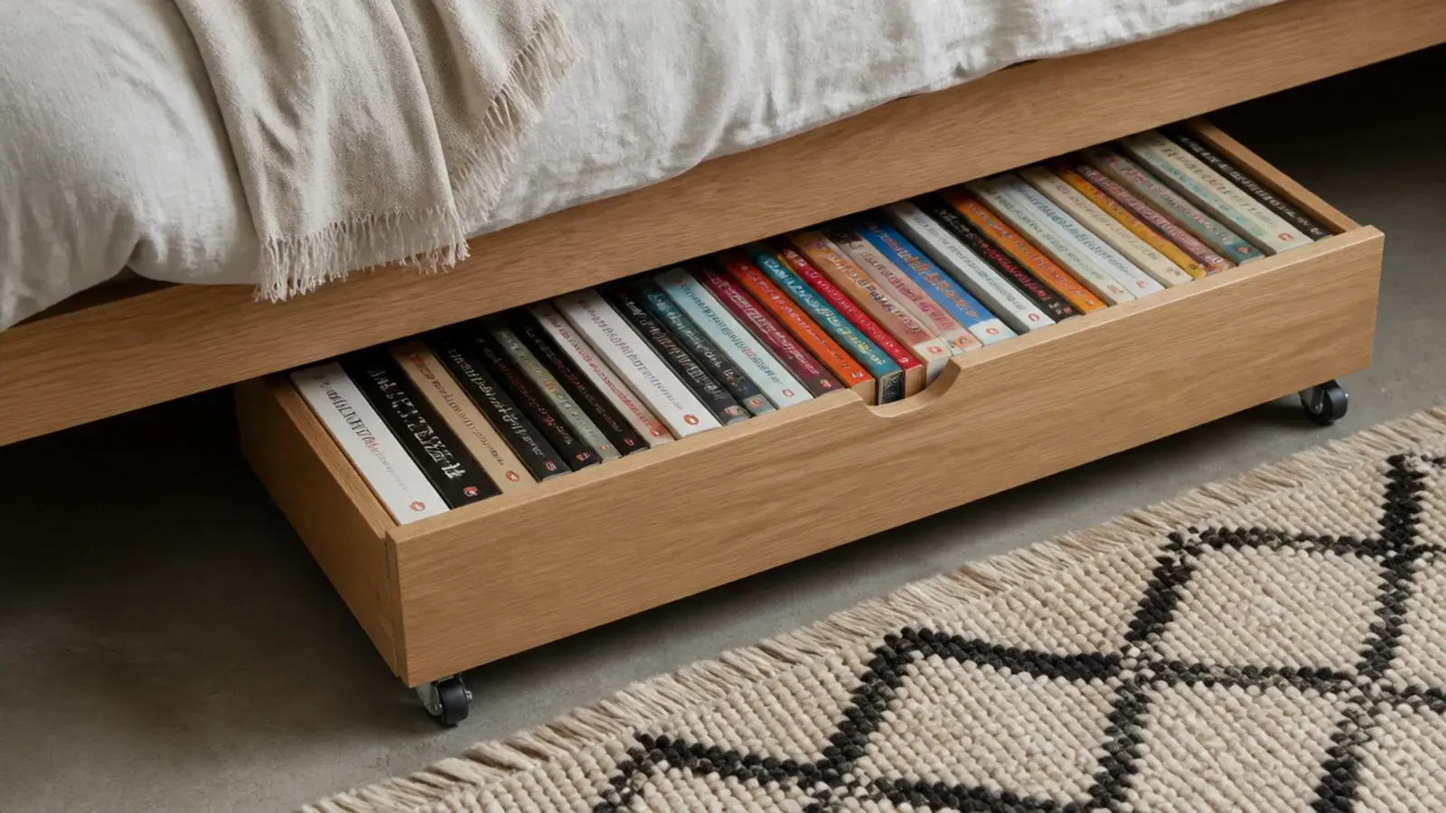 shallow rolling drawer of books pulled out from beneath a bed