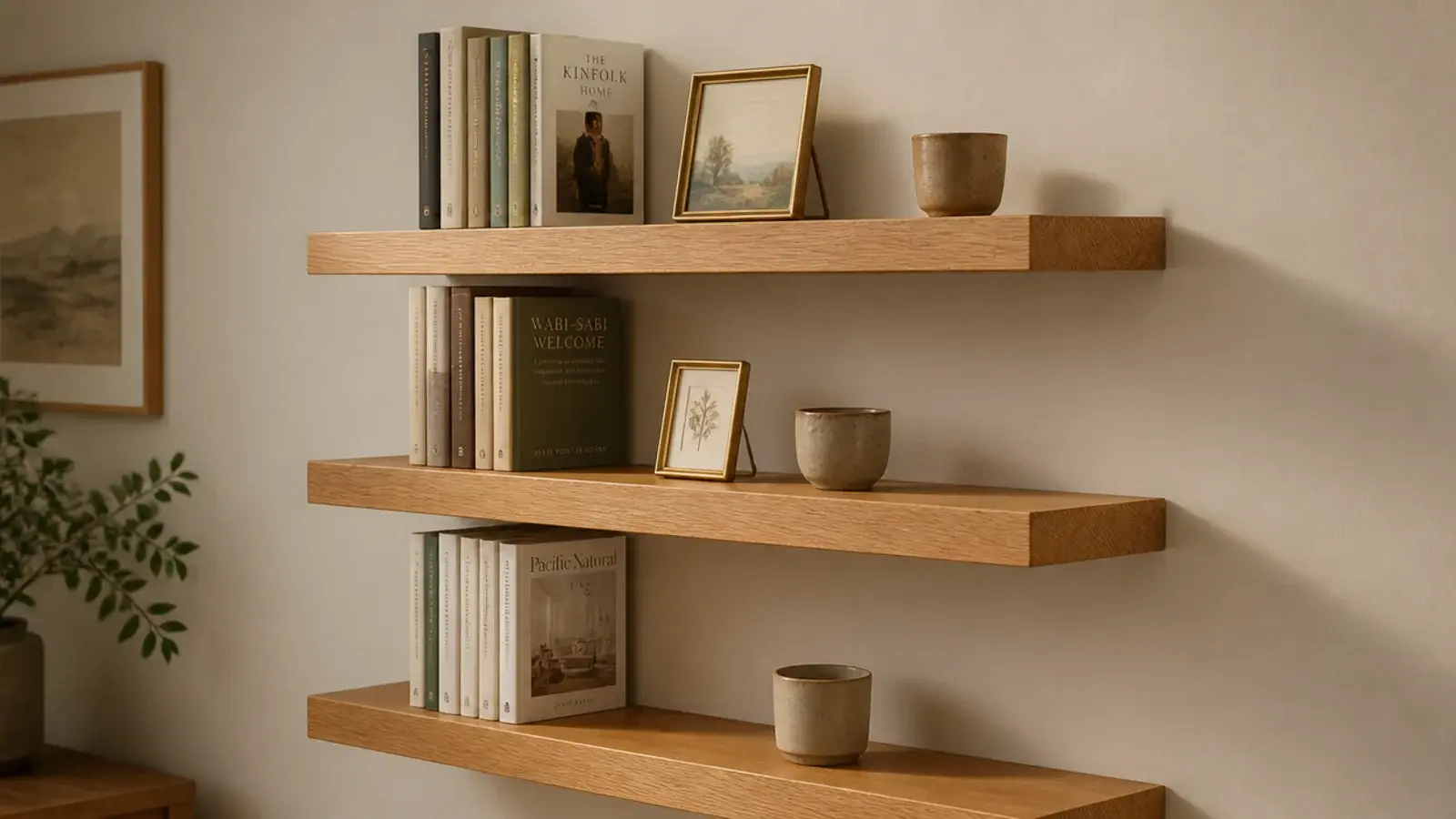 floating oak shelves with hidden fixings holding short rows of books