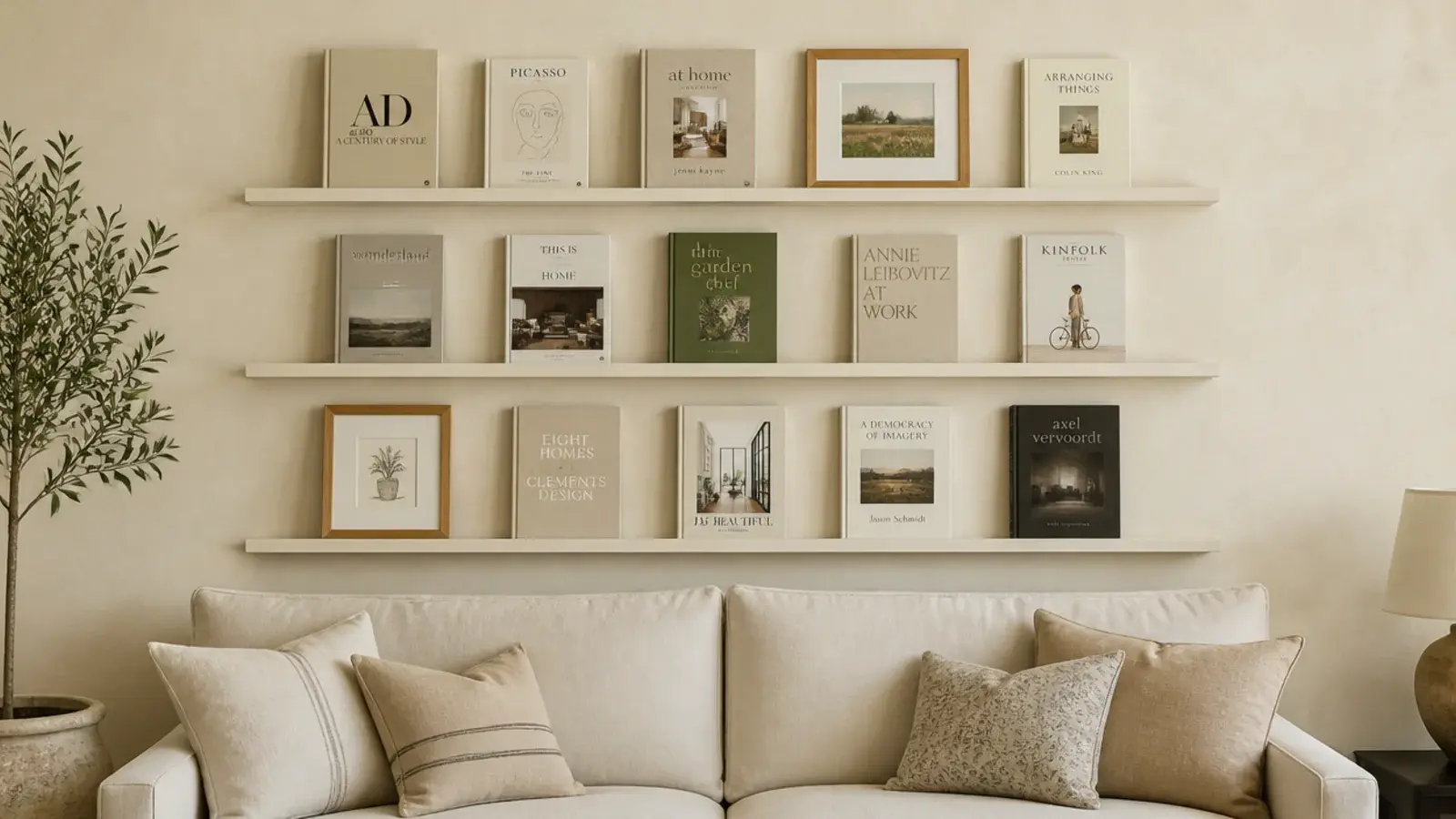 narrow picture ledges holding forward facing books above a linen sofa