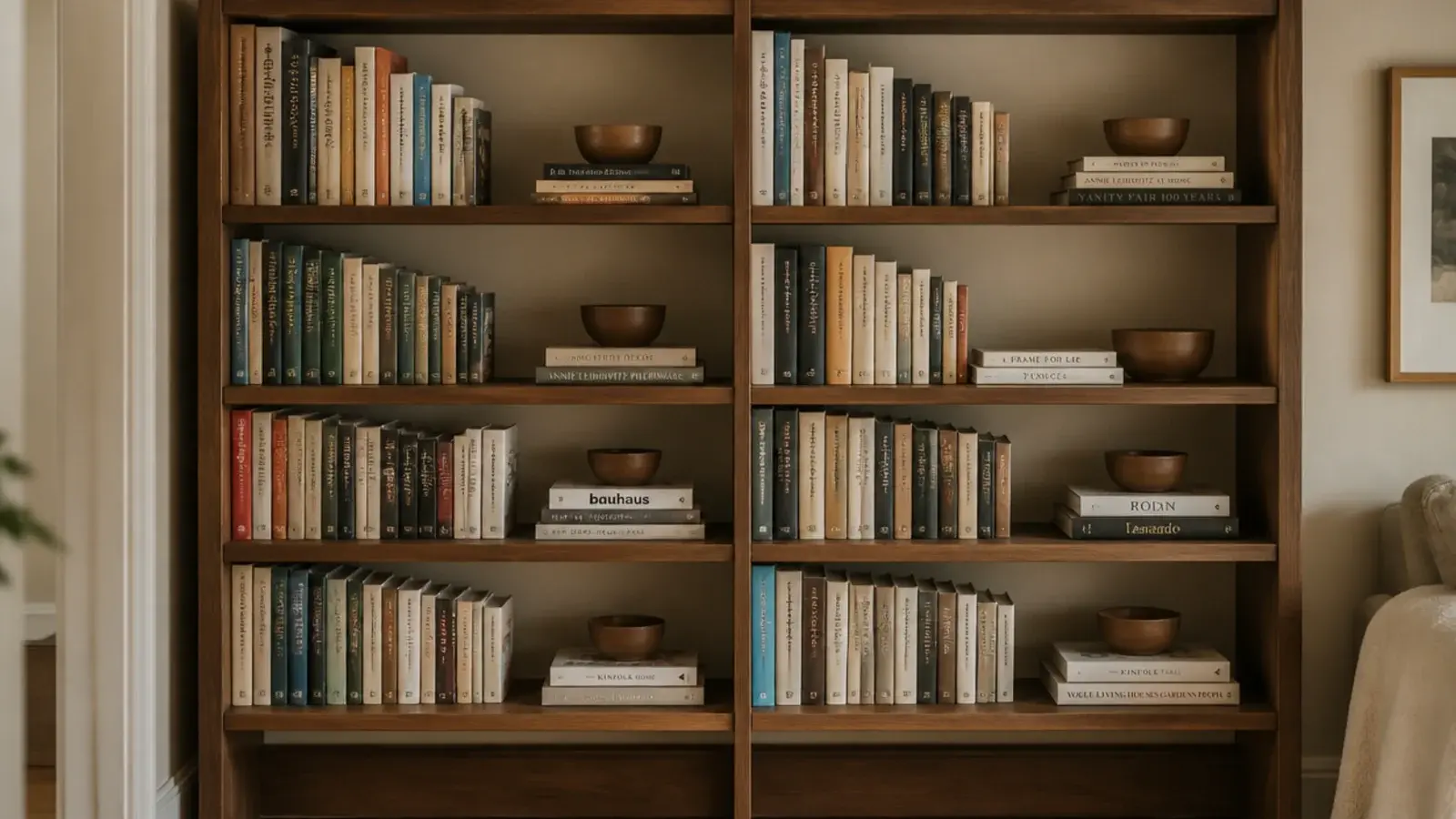 books regrouped by height after a color sorted arrangement was undone