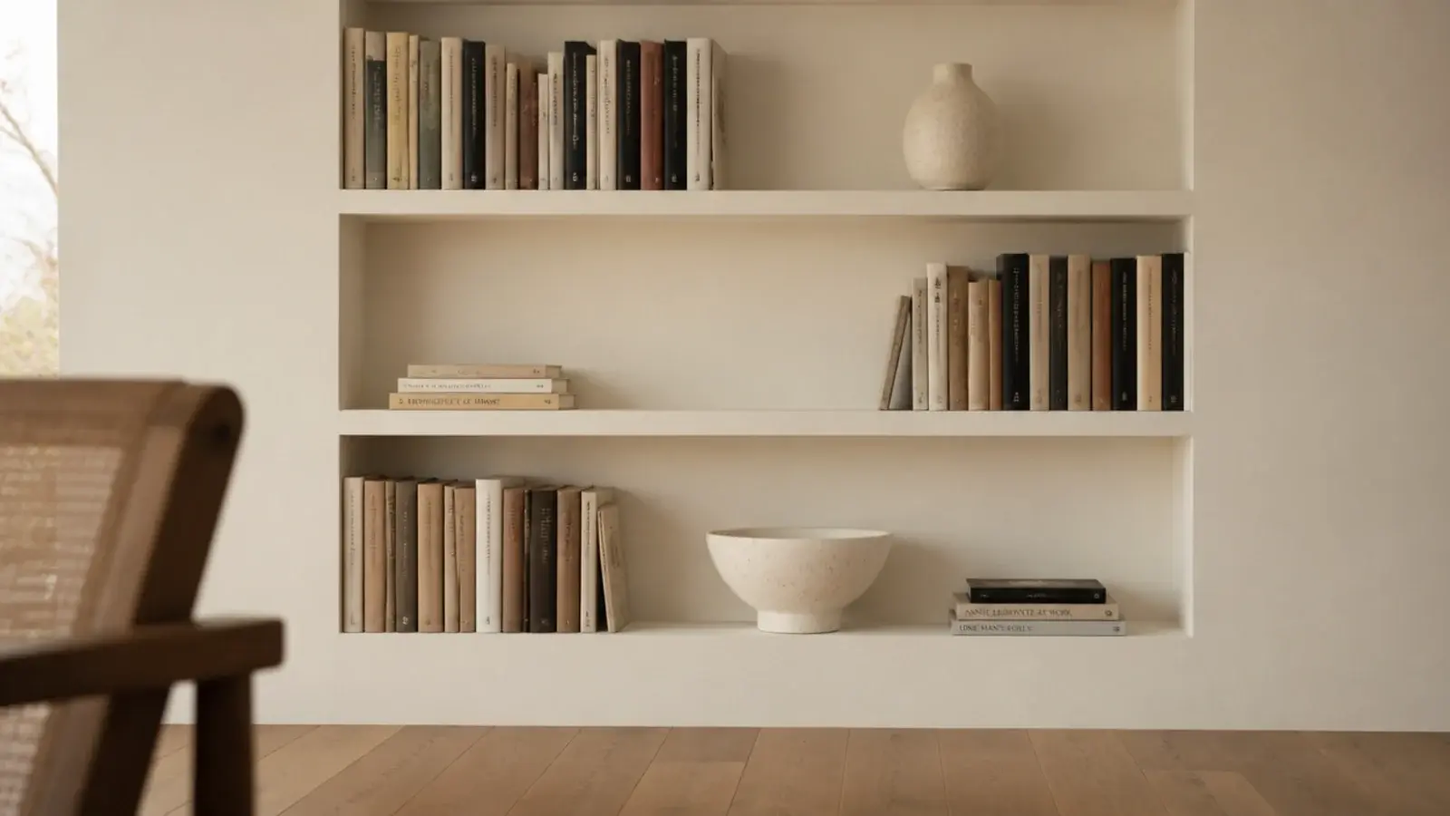 pine bookcase repainted the wall color and blending into the plaster