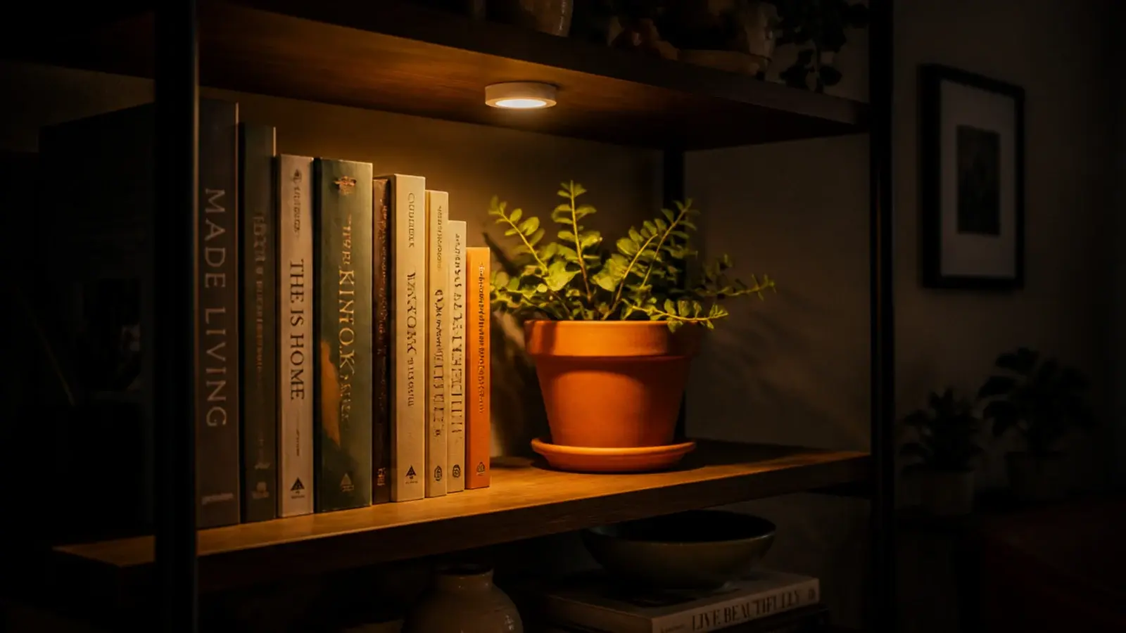 warm puck light illuminating book spines on a previously dark shelf