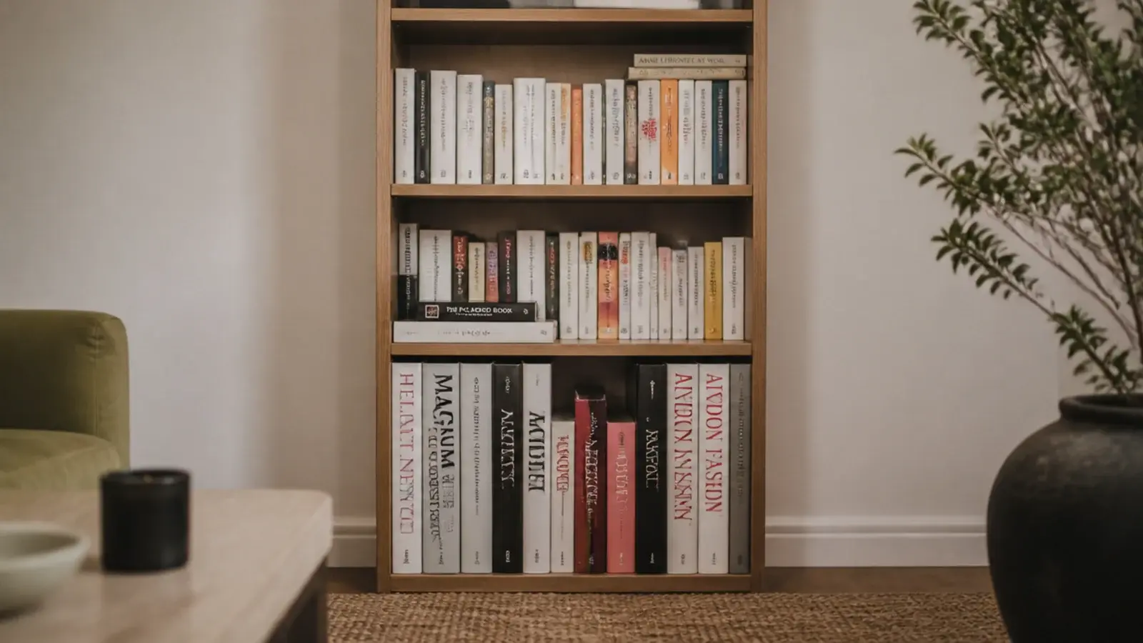 tall bookcase standing straight with heavy books loaded on lower shelves