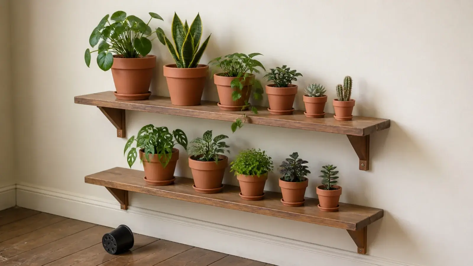 plants repotted into plain terracotta on the shelves of a wooden case