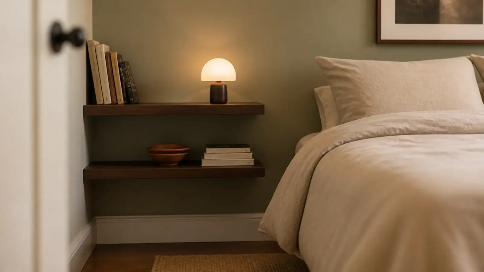 floating shelves beside a bed replacing a bulky freestanding bookcase
