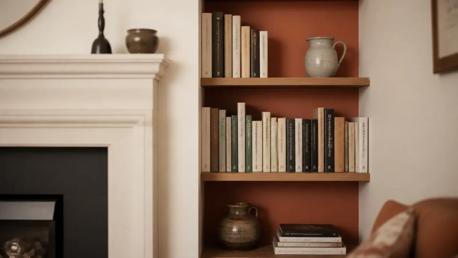 alcove shelving with a painted back panel lifting a formerly dark recess