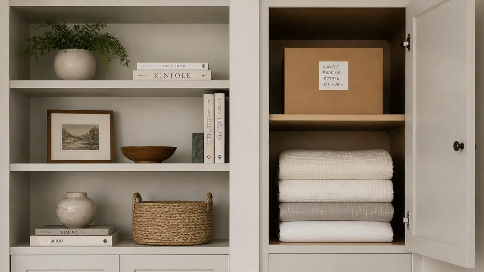 tidy bookshelf staying edited beside a labeled overflow box in a cupboard