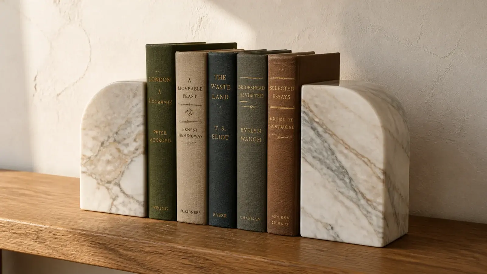 pair of heavy marble bookends holding a short run of hardbacks