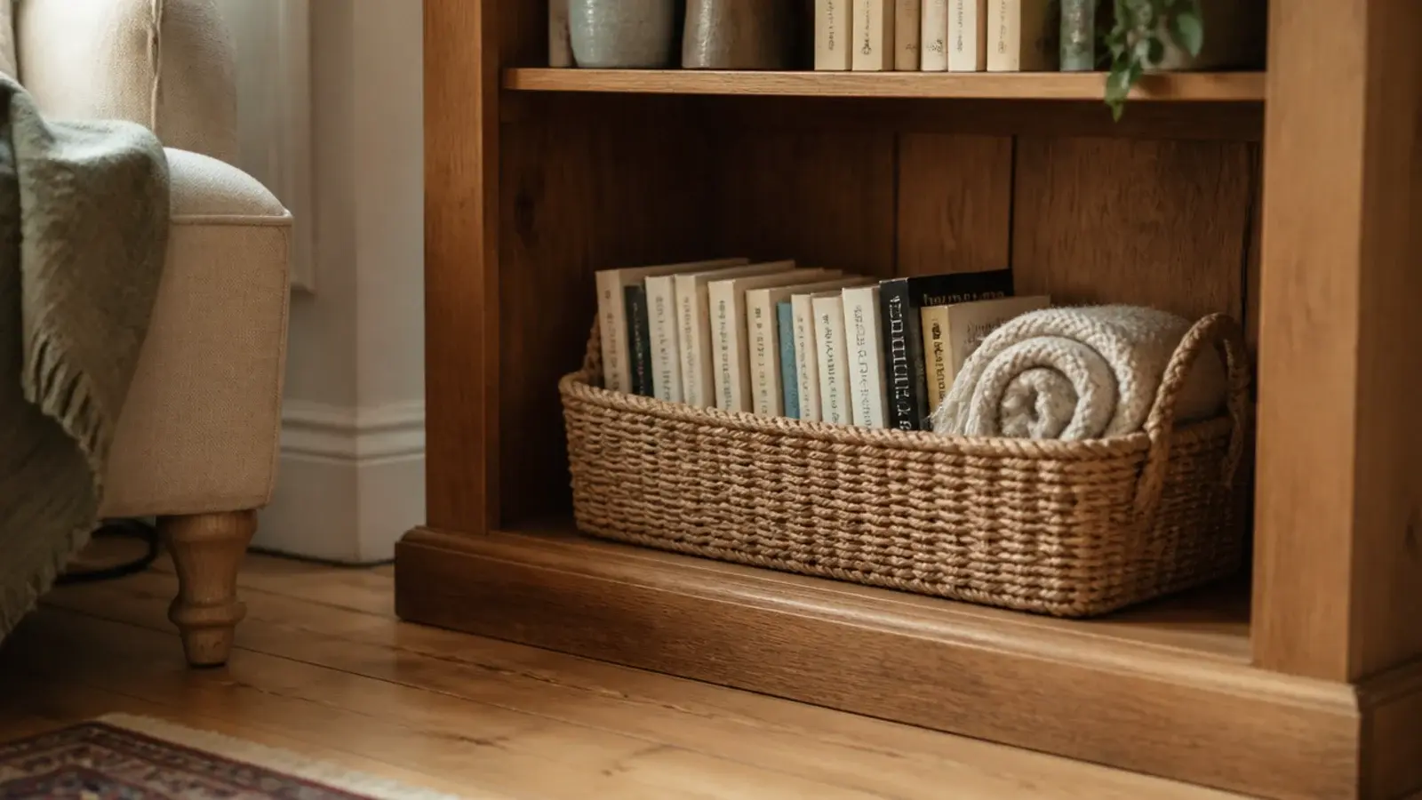 jute basket of paperbacks sitting on the bottom shelf of a bookcase