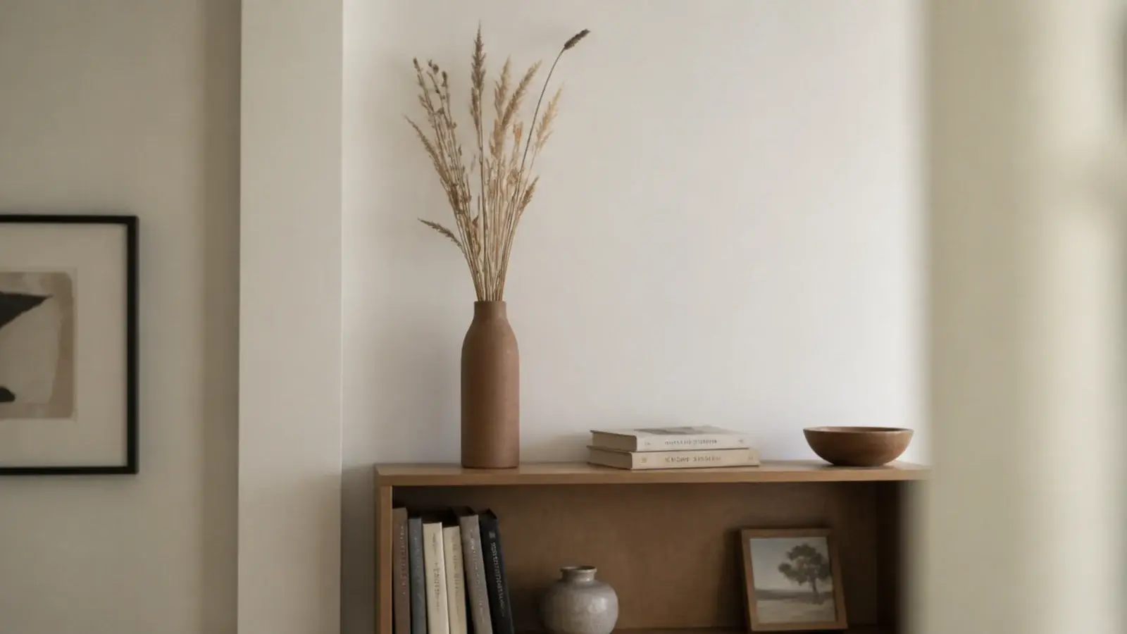 dried grasses in a tall clay vase rising above a bookshelf line