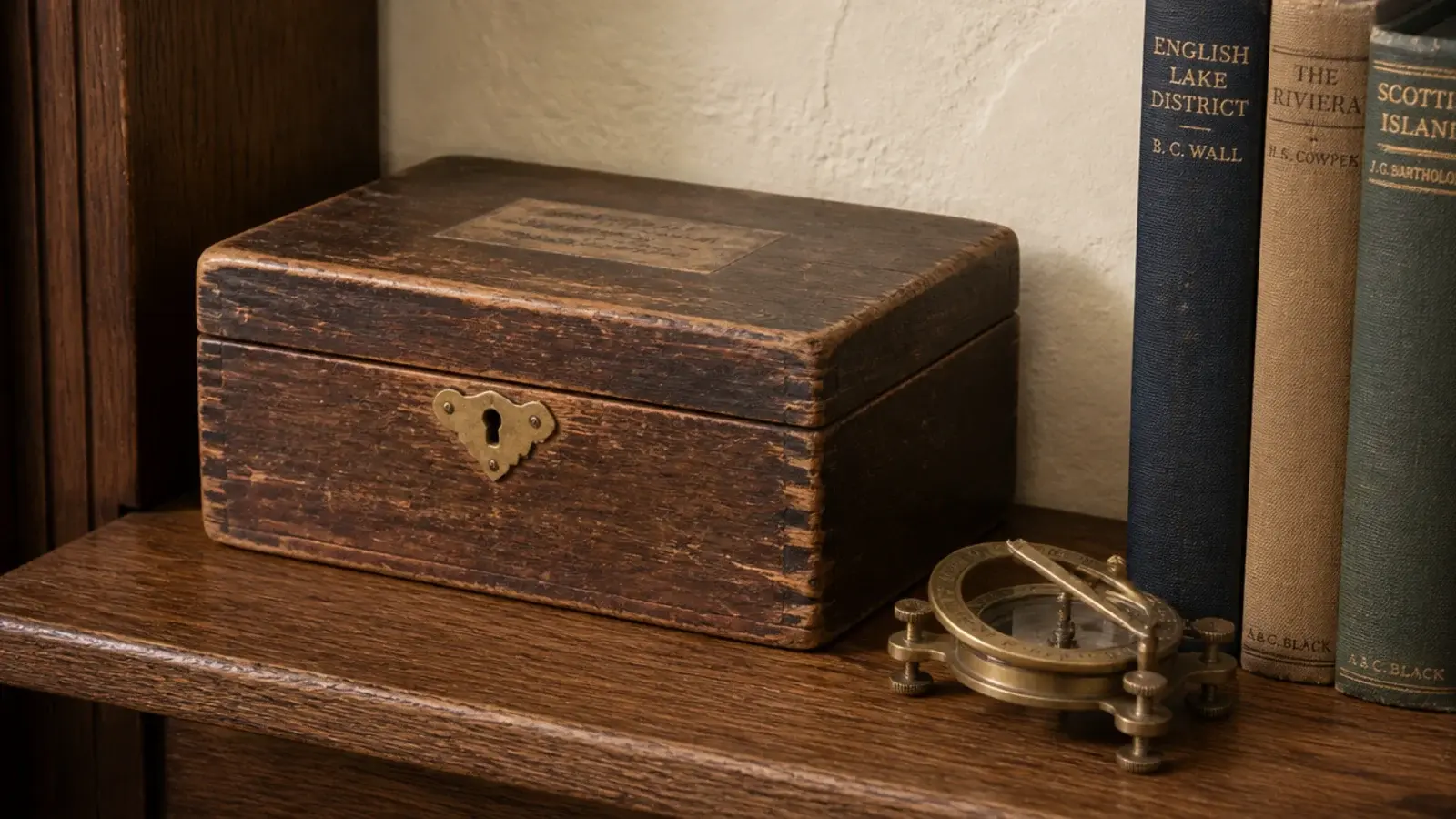 worn wooden box and antique brass object among books on a shelf