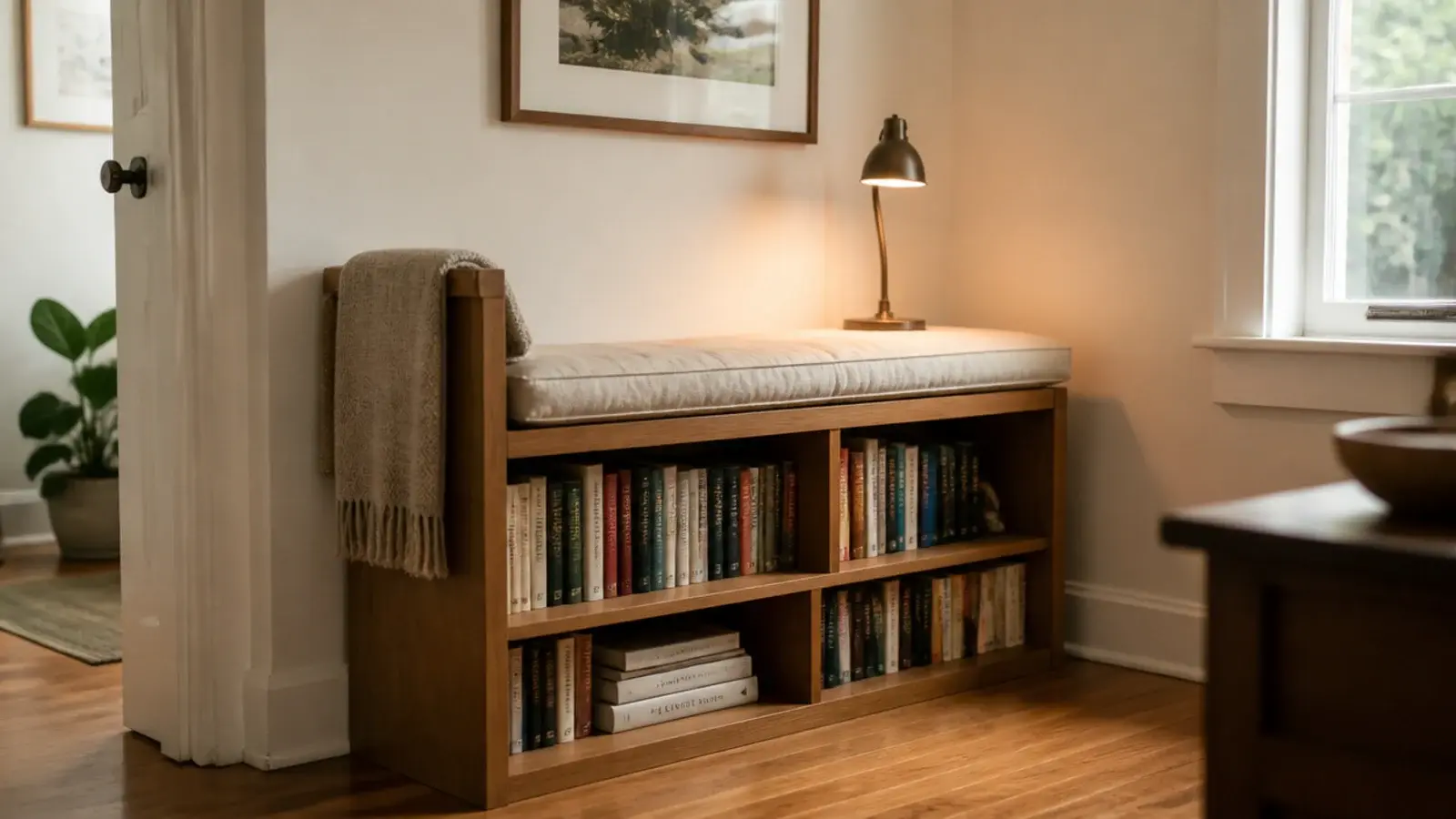 compact room where a low bookcase serves as both storage and seating