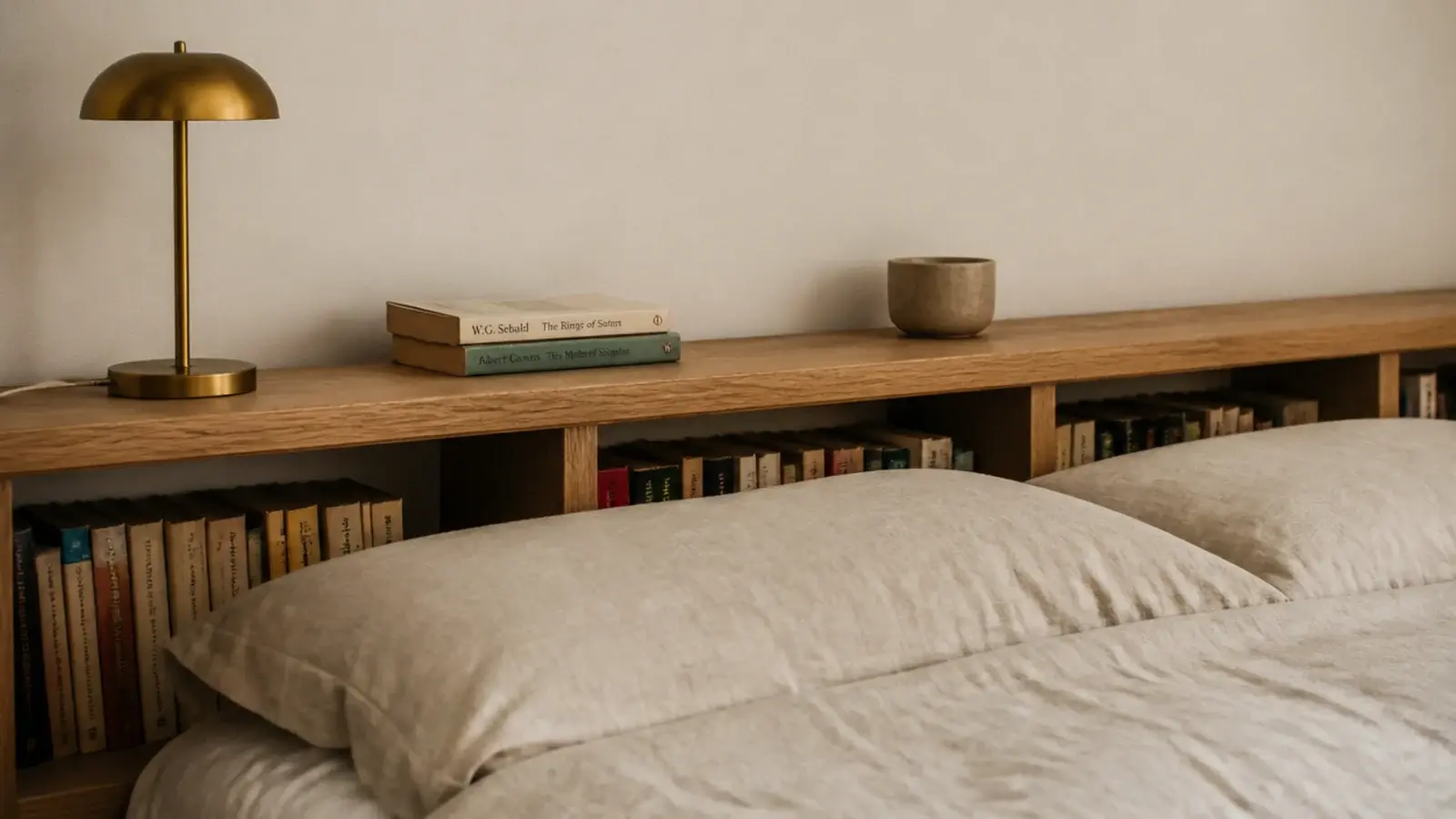 low bookshelf headboard behind a bed holding paperbacks and a lamp