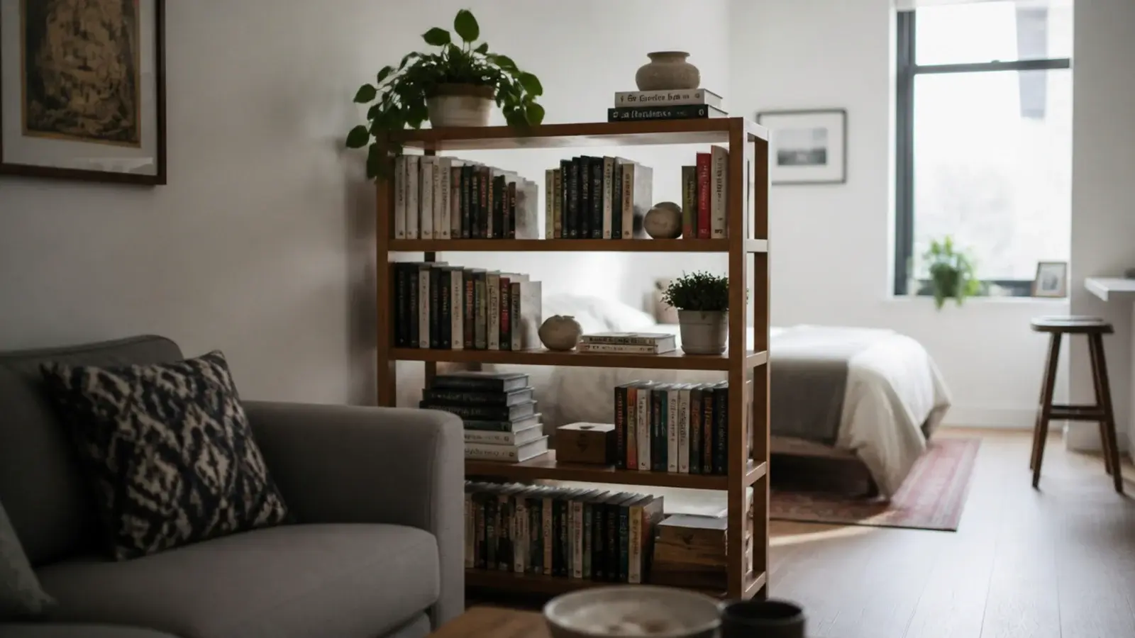 open backed bookcase dividing a studio into sleeping and living zones