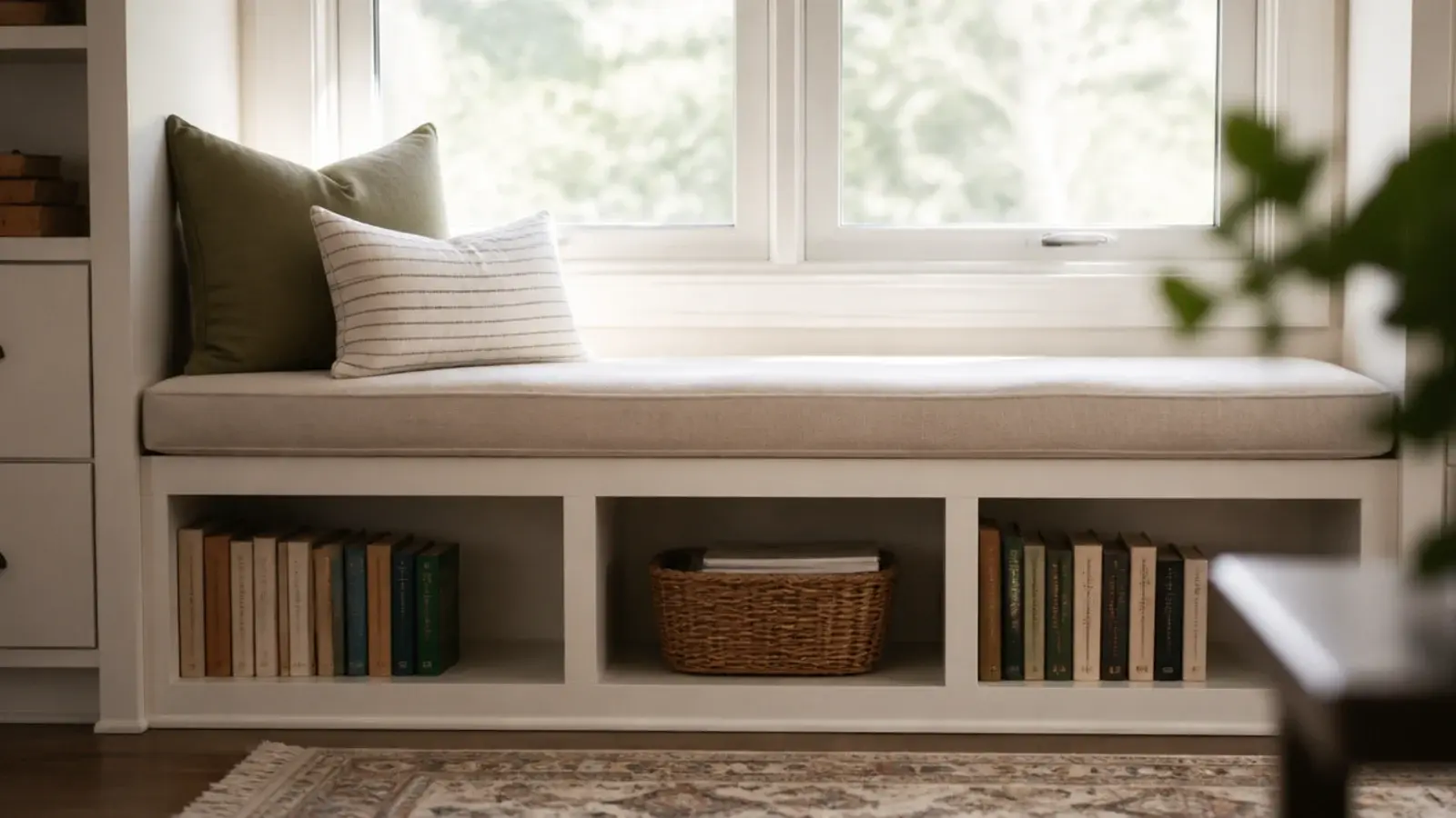 window seat with open book cubbies built into the base beneath it