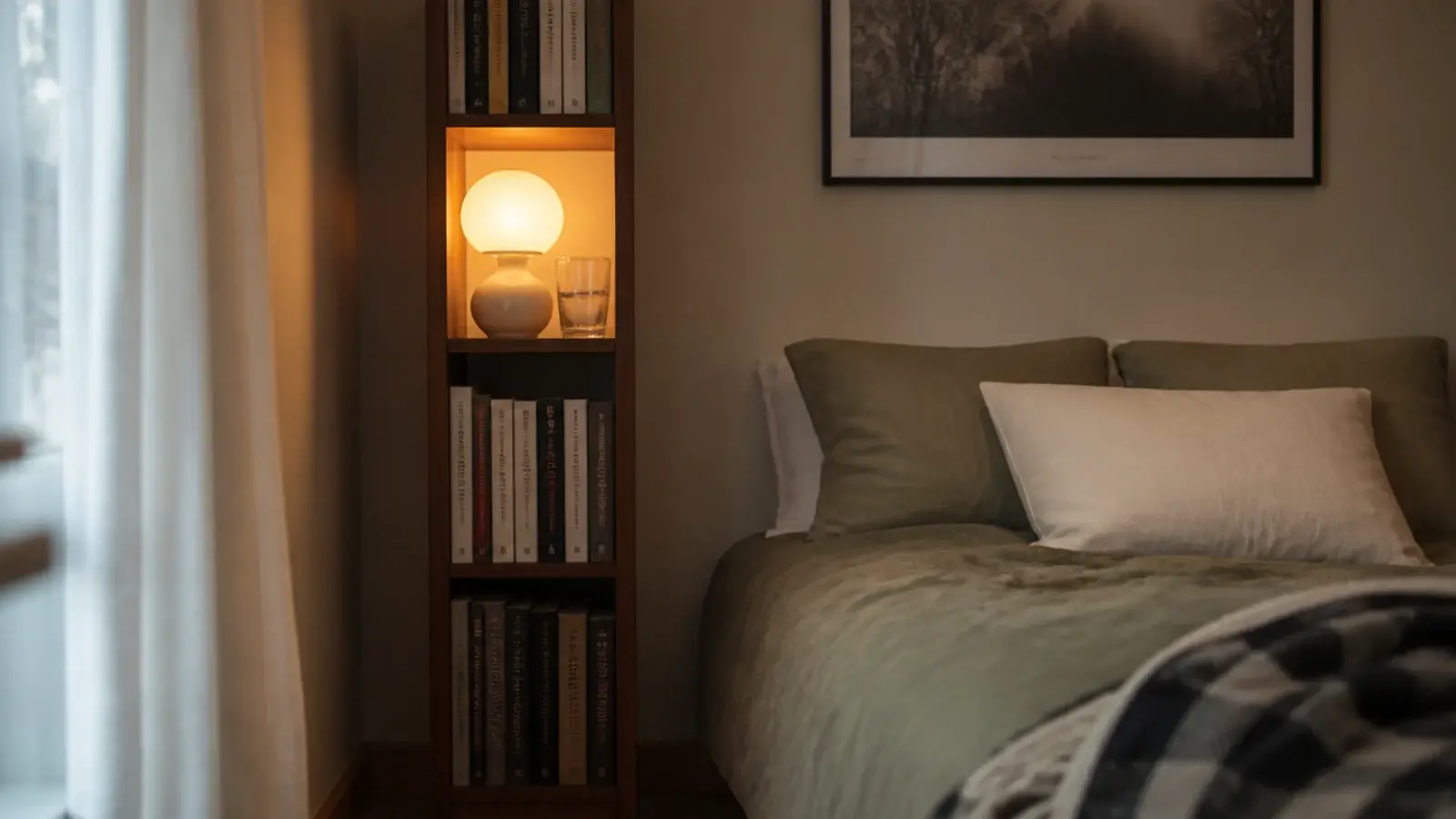 narrow tall bookcase standing beside a bed in place of a nightstand