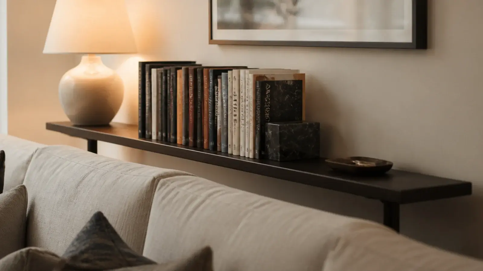 slim console shelf behind a sofa holding books and a table lamp