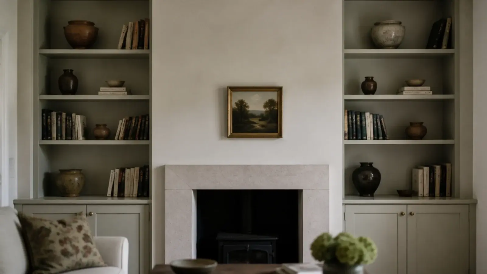 fitted shelves filling both alcoves either side of a small fireplace