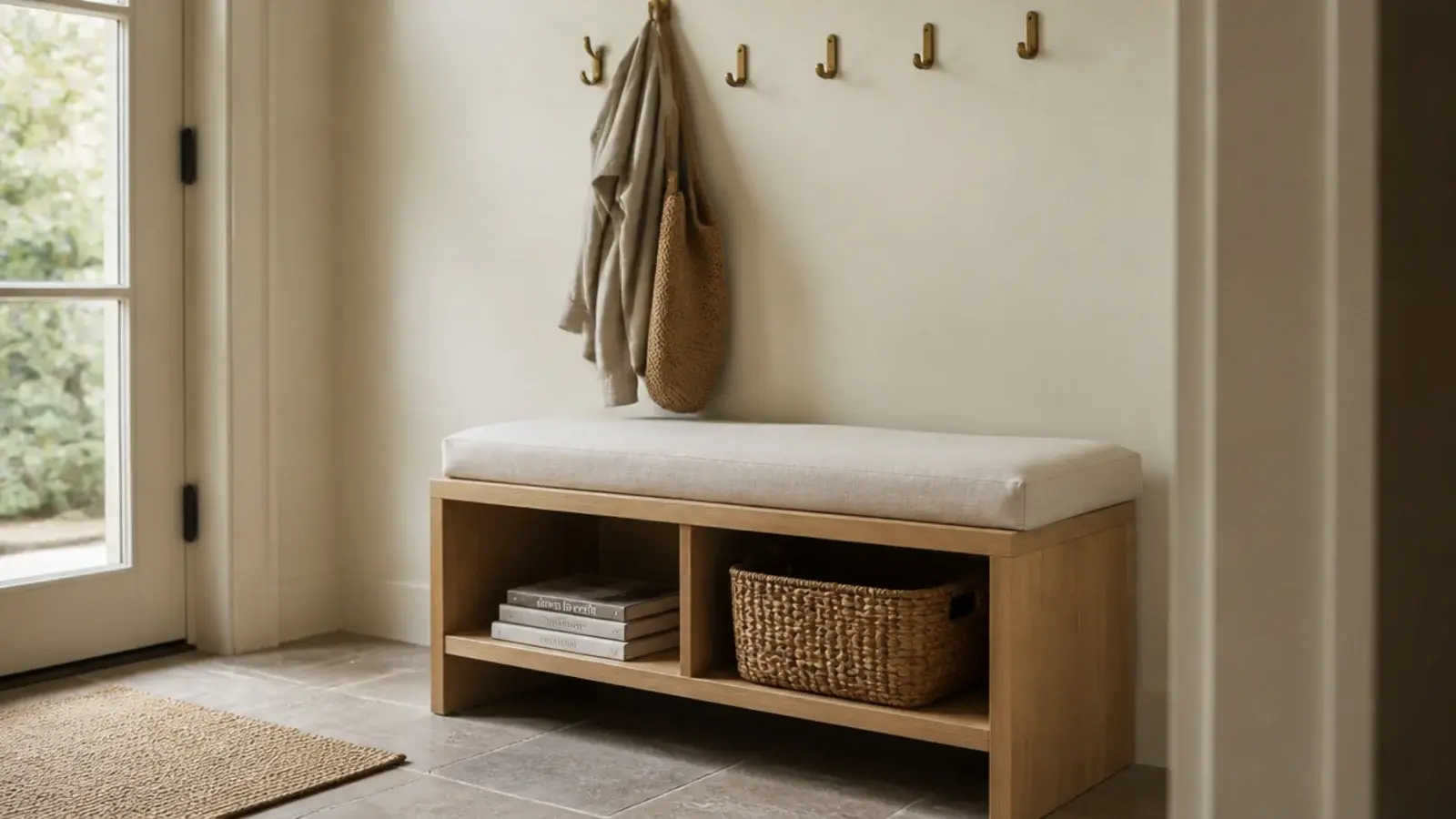 entryway bench with book and basket cubbies beneath the seat