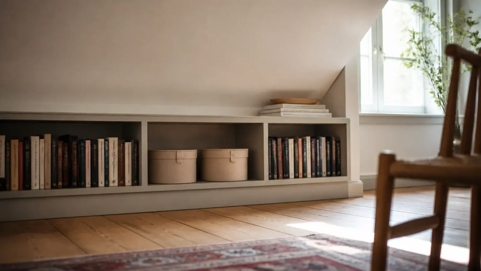 low bookshelf run fitted beneath a sloping attic ceiling with books