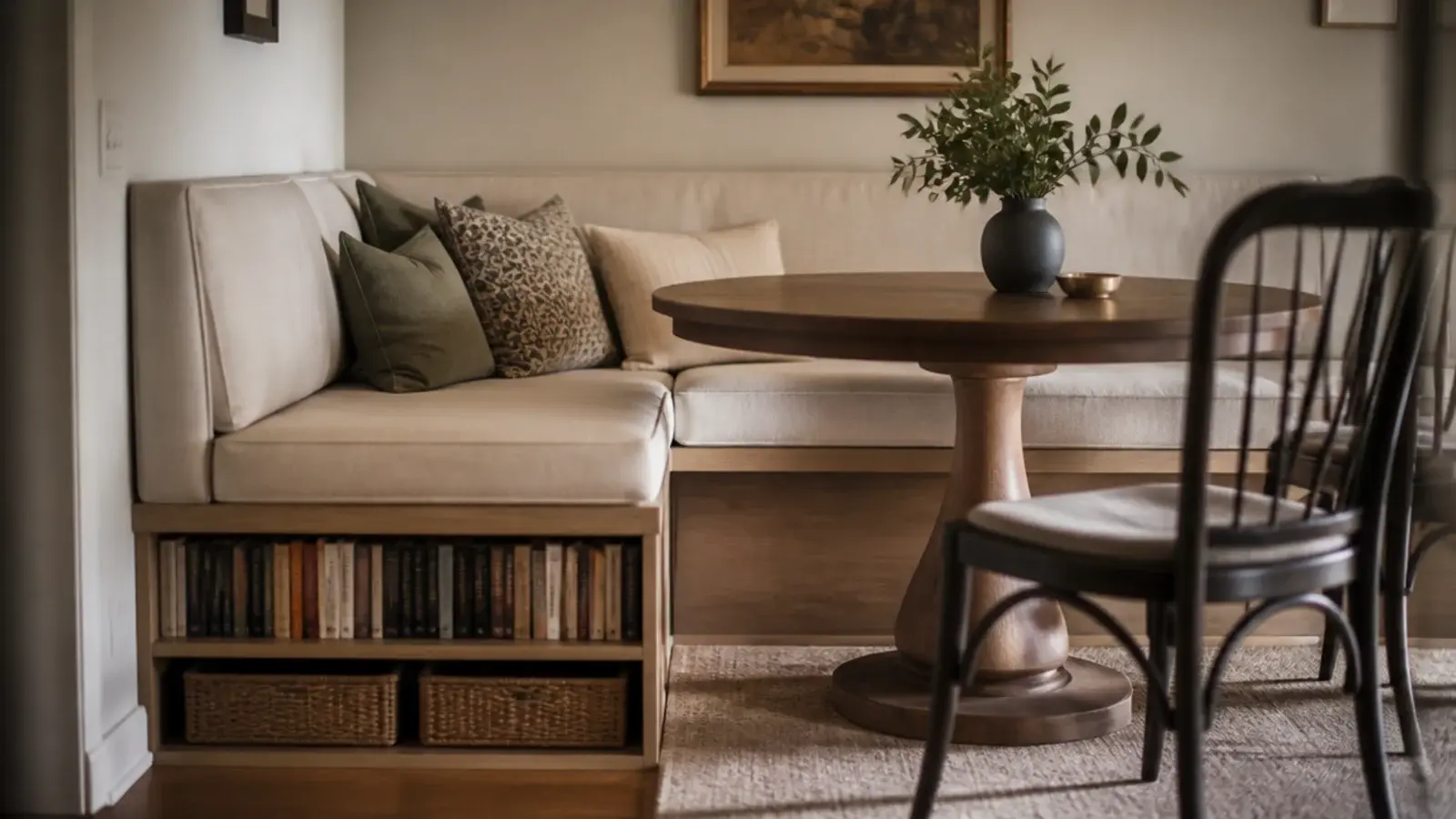 dining banquette with open book storage built into its base