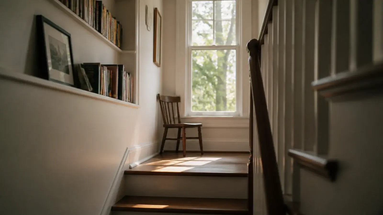 shallow shelving on a stair half landing beside a small chair