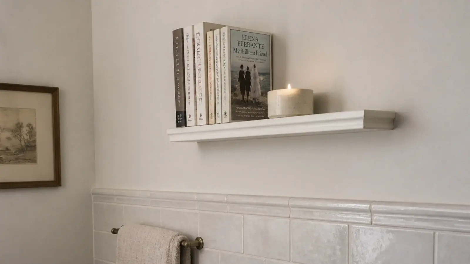 narrow ledge of paperbacks high on a bathroom wall away from steam