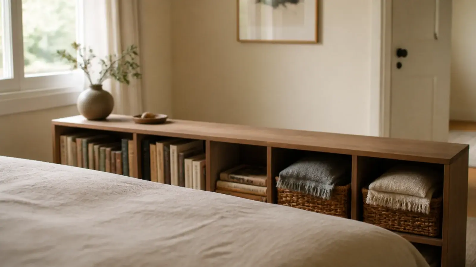 low bookshelf run across the foot of a bed holding books and baskets