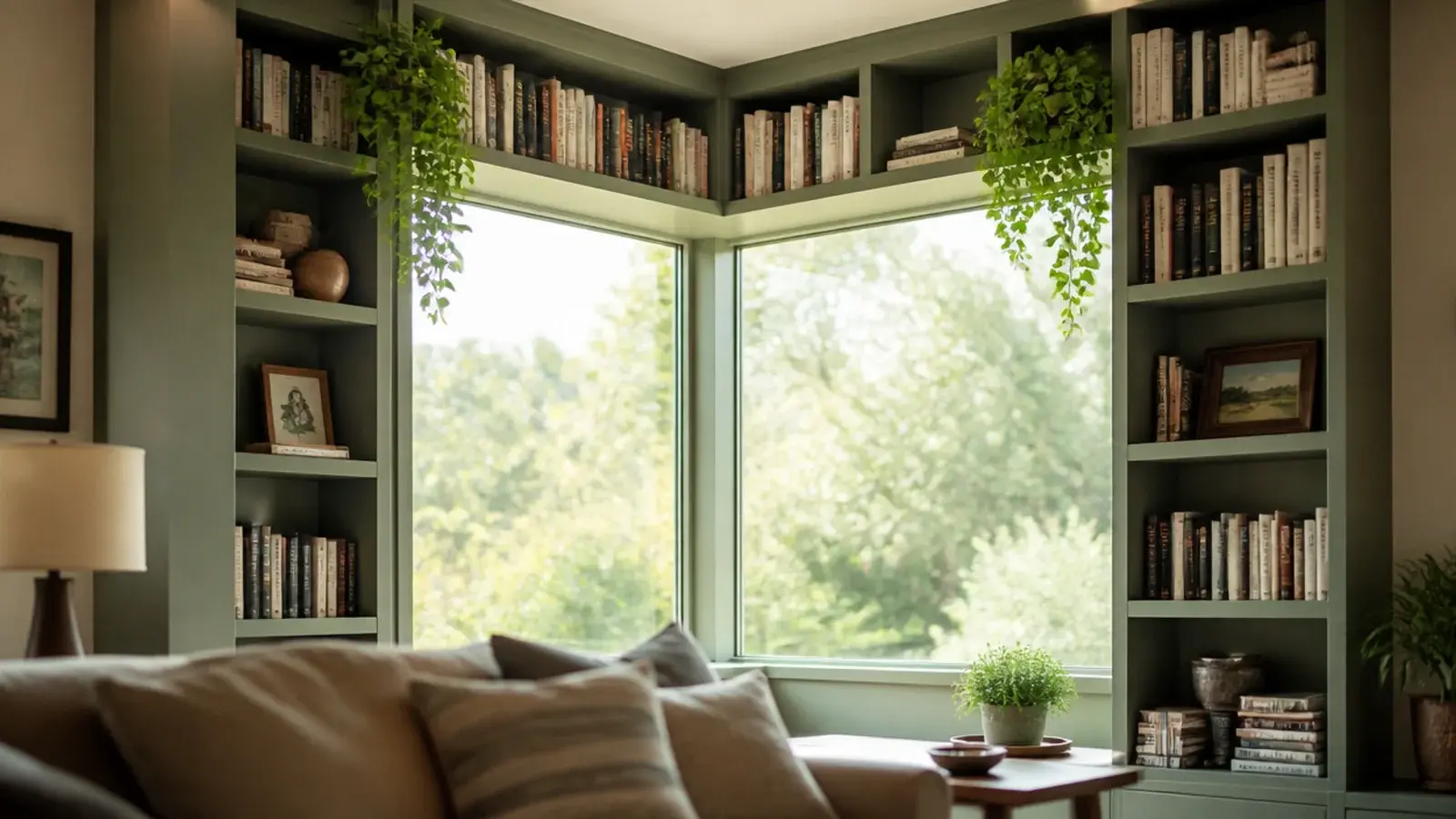 shelving wrapping around a corner window holding books and plants