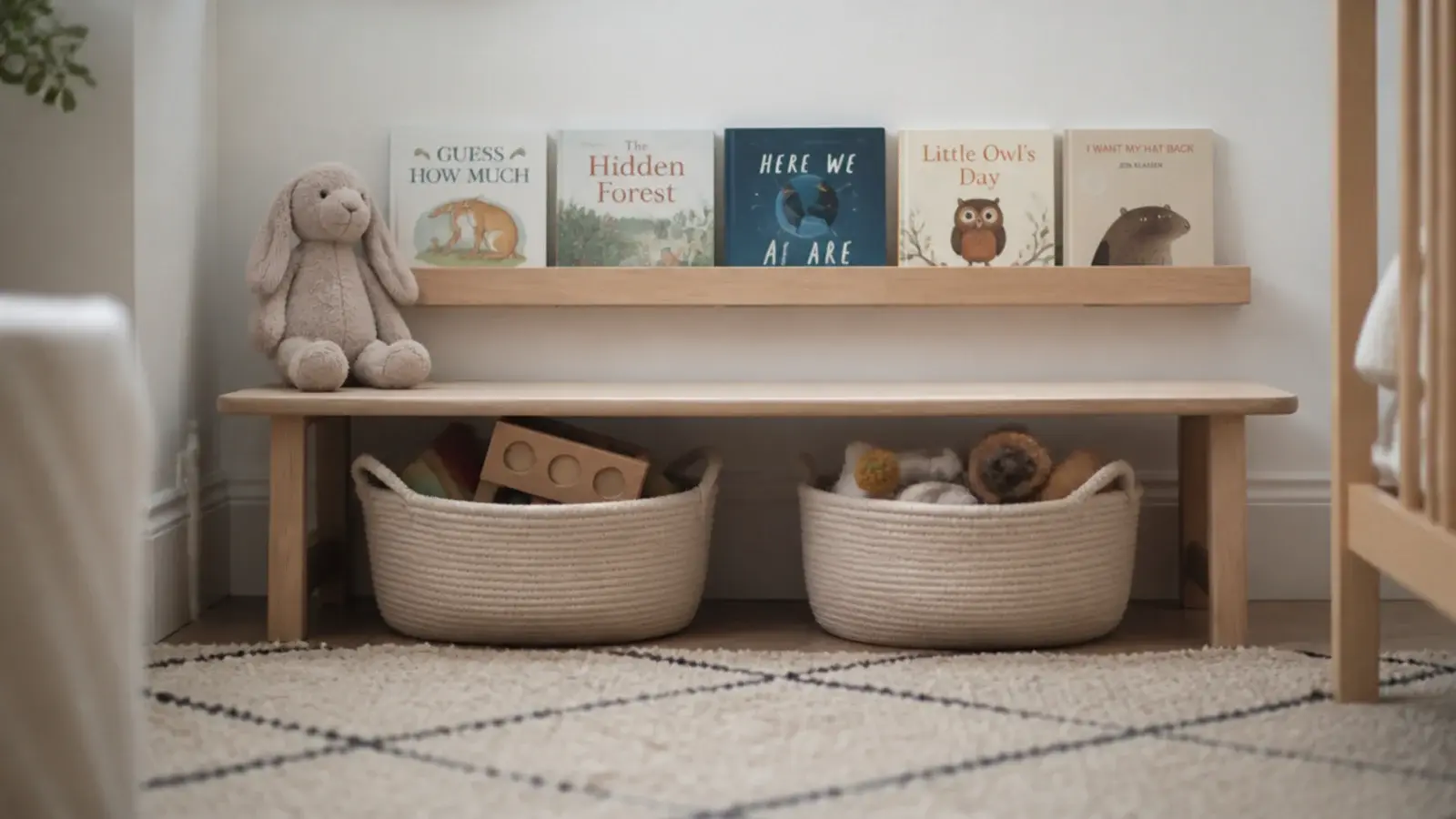 low bench with book cubbies and toy baskets in a small nursery