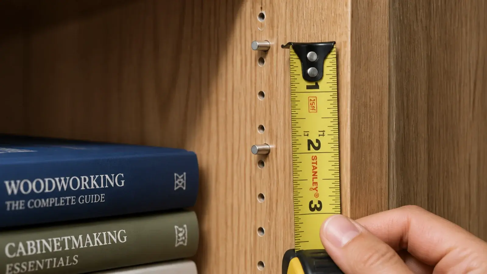 shelf pins set at two clear heights for hardbacks and paperbacks