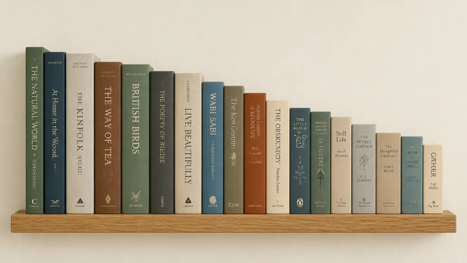 book spines graded by height stepping evenly along a wooden shelf