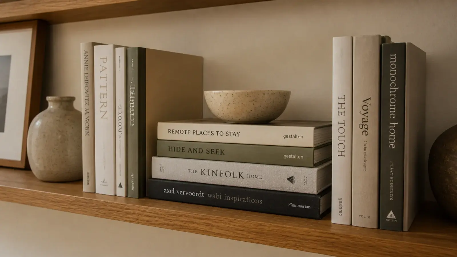 flat stack of books separating two upright rows on a shelf