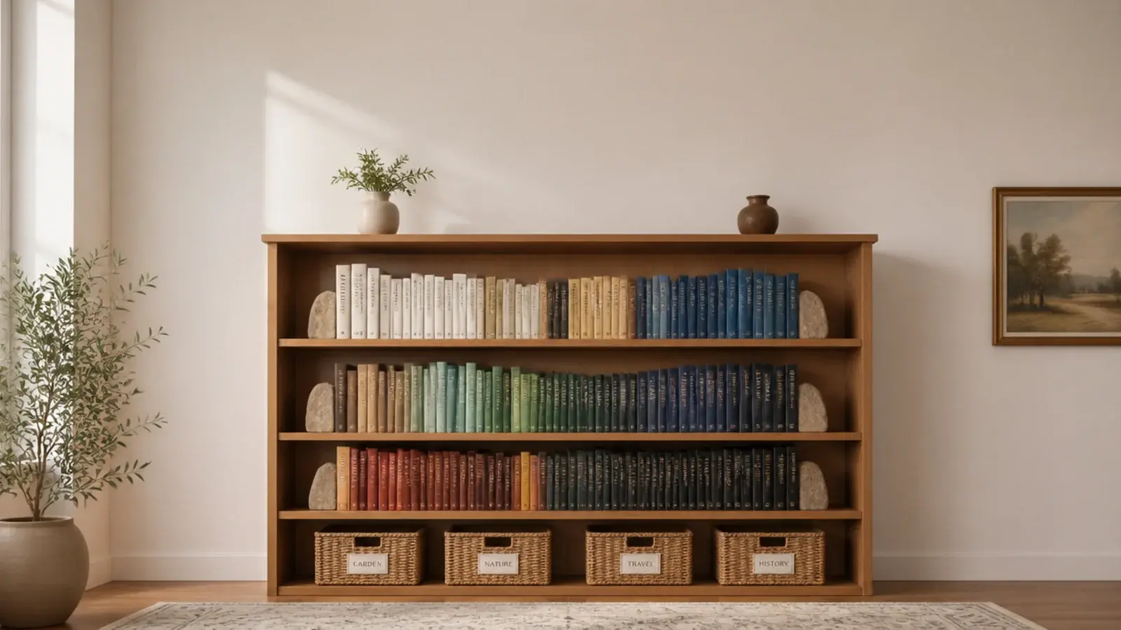 vertical image of an organized bookshelf with baskets bookends and labels