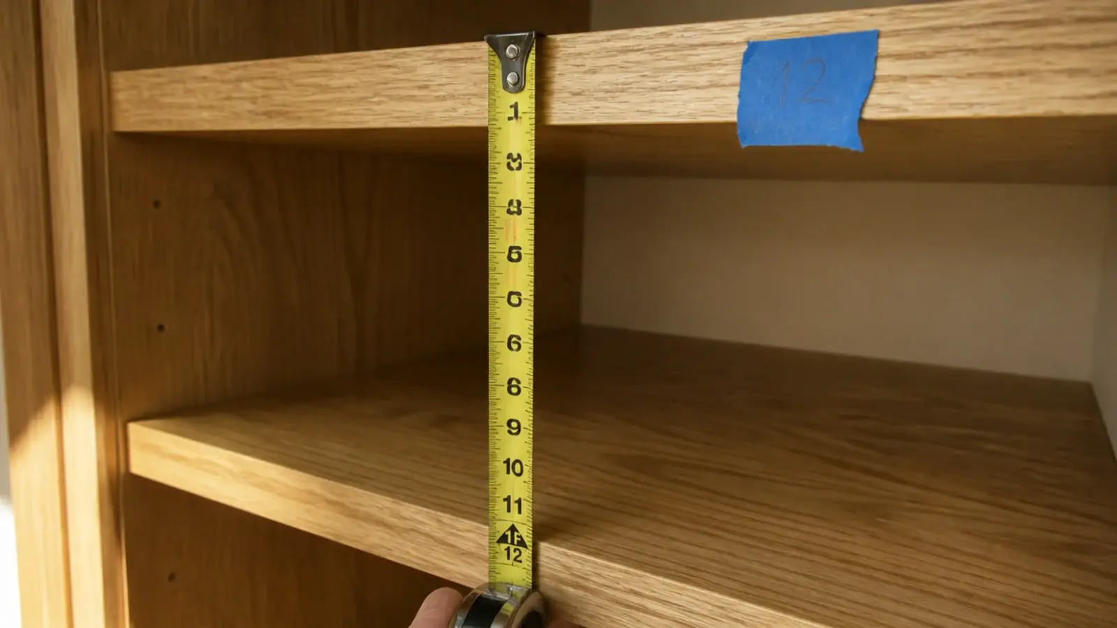 tape measure showing clear height between two shelves of a bookcase