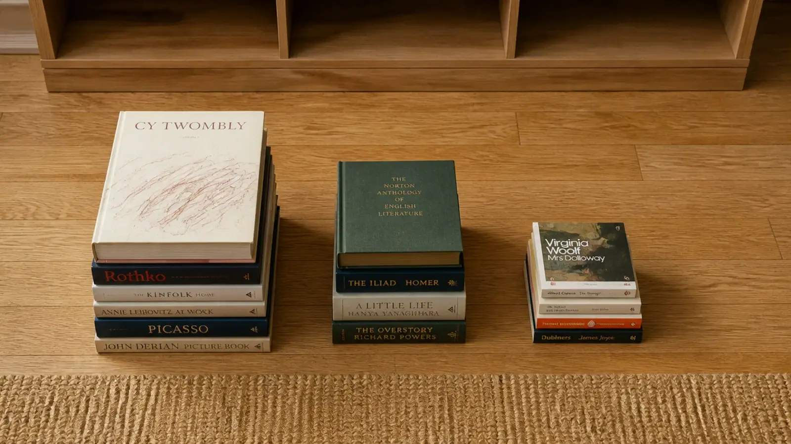 three floor piles of books sorted tall medium and paperback by height