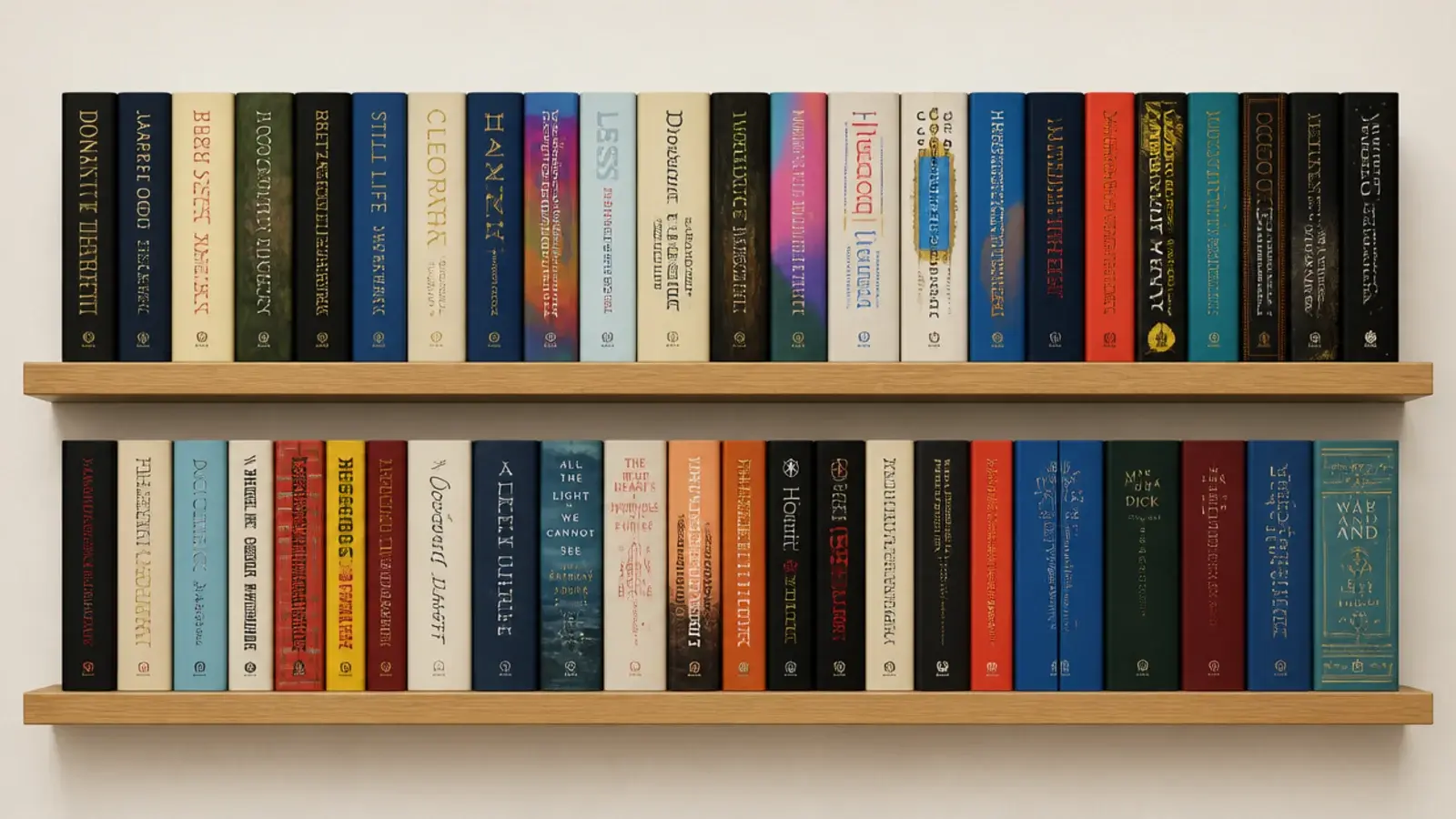book spines aligned to one straight line an inch from shelf edge