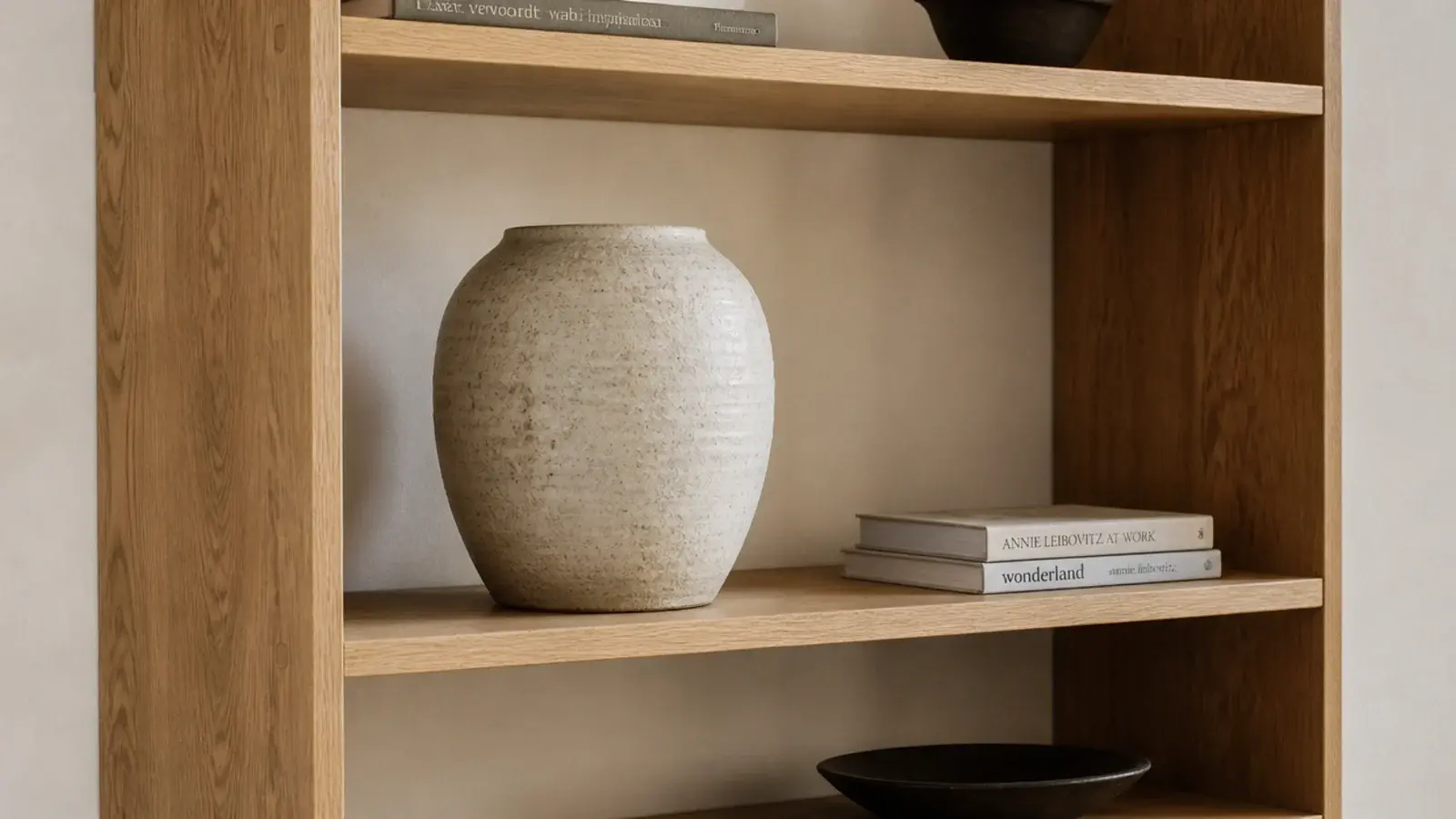 large stoneware vessel anchoring the middle shelf of a styled bookcase