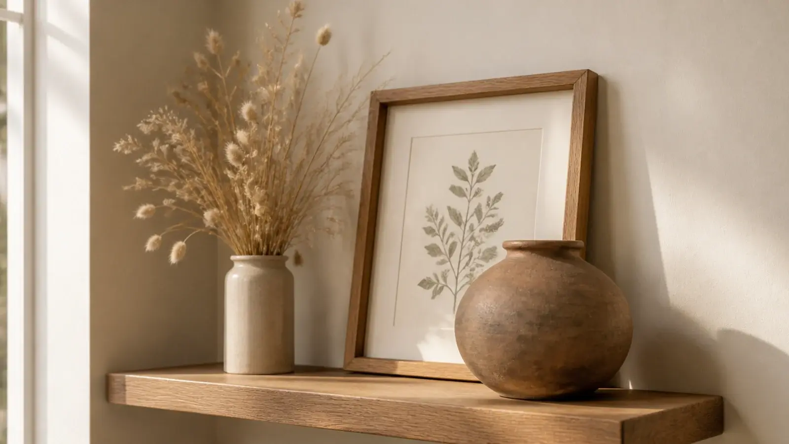 small framed print leaning at the back of a shelf behind pottery